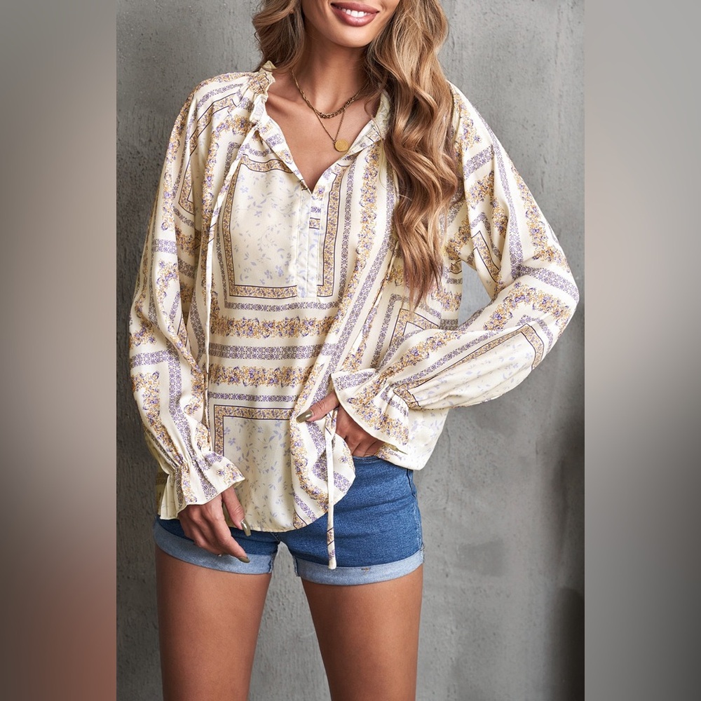 Beige V Neck Lantern Sleeve Drawstring Tribal
Print Top Bohemian Blouse - Picture 15 of 15